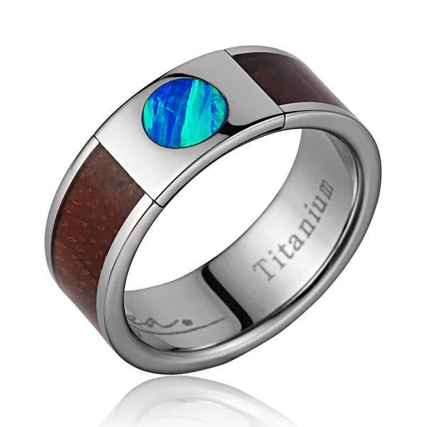 classic engagement rings for women-Titanium Wedding Band With Pink Ivory Wood/Opal Inlay & Polished Edges - 8mm