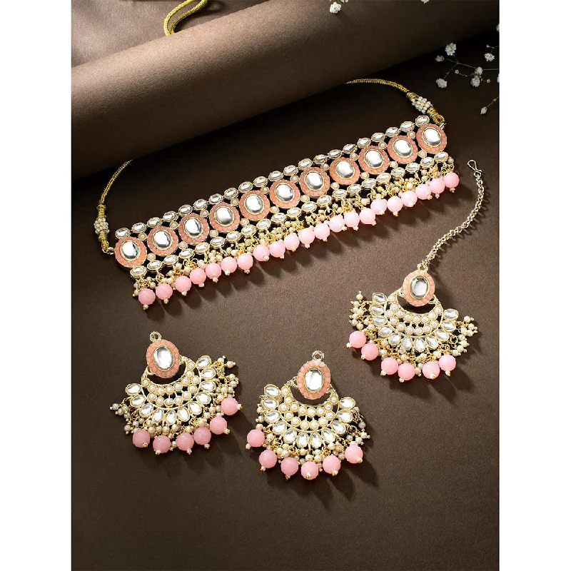 circular ring necklaces for women-Etnico Gold Plated Traditional Kundan Choker Necklace Set Gift for Women & Girls(K7228Pi)