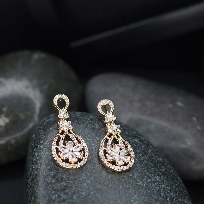 crystal earrings for women-Etnico Valentine's Special Rose Gold Plated & White AD Studded Drop Earrings for Women (E2976)