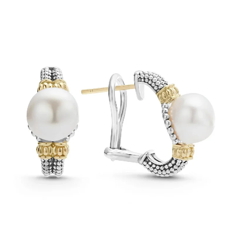 cuff earrings for women-Two Tone Pearl Hoop Earrings