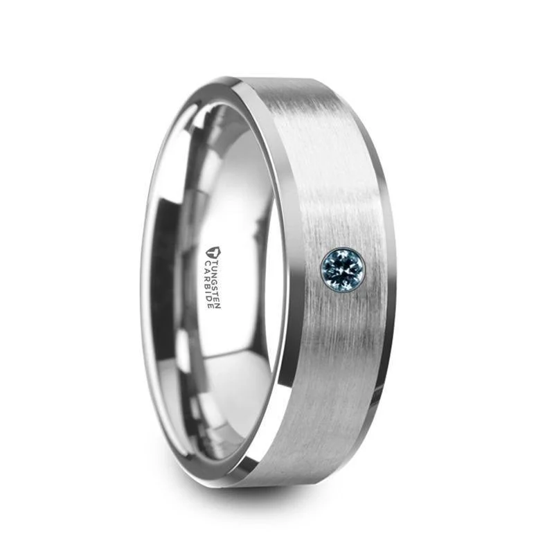 platinum engagement rings for women-MOORE Flat Brushed Center Polished Beveled Edges Men’s Tungsten Wedding Band with Blue Diamond Setting - 6mm & 8mm