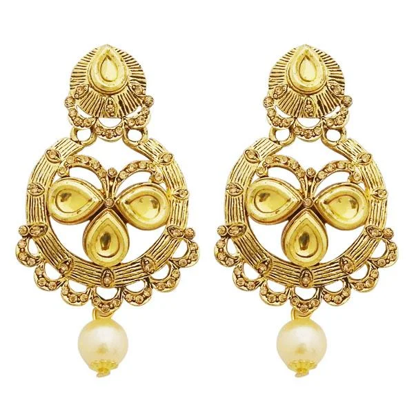 gold drop earrings for women-Jheel Stone Gold Plated Pearl Drop Dangler Earrings - 2900220A