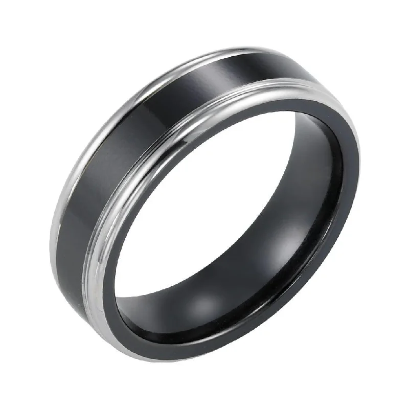 custom design engagement rings for women-TRISTAN Flat Polished Black Titanium Comfort Fit Wedding Band with Polished Step Edges by Triton Rings - 6.5mm