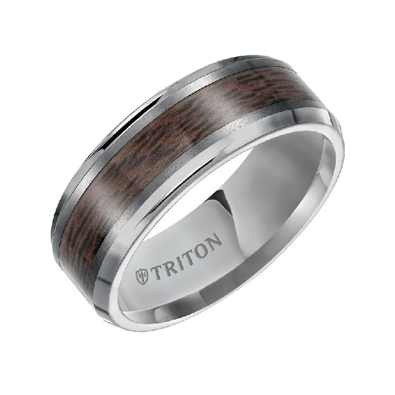 elegant engagement rings for women-BURTON Tungsten Wedding Band with Wood Pattern Inlay and Beveled Edges - 8 mm