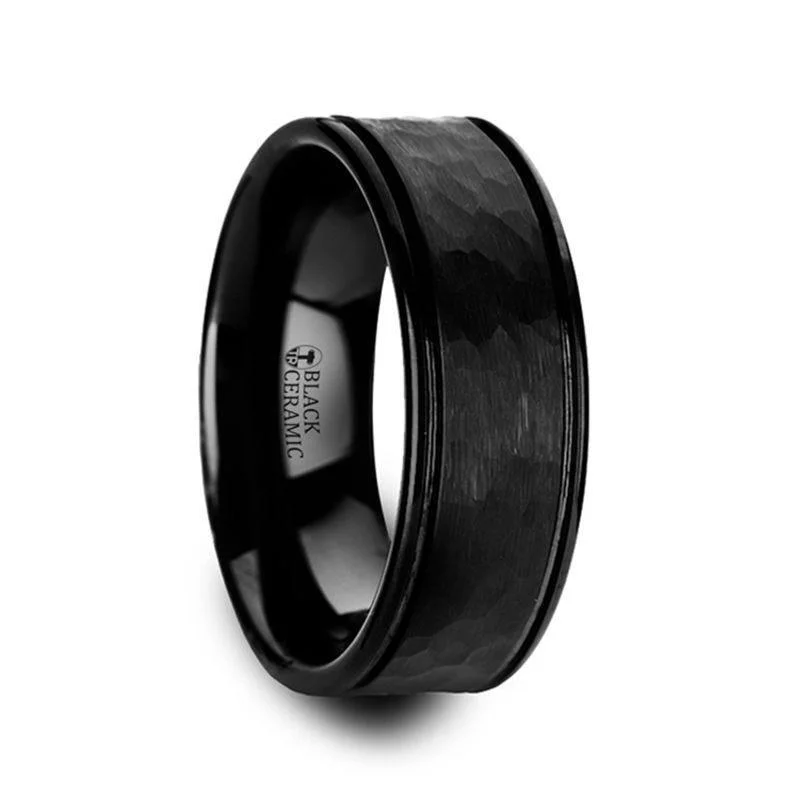 small diamond engagement rings for women-REVENANT Hammered Finish Center Black Ceramic Wedding Band with Dual Offset Grooves and Polished Edges - 6mm or 8mm