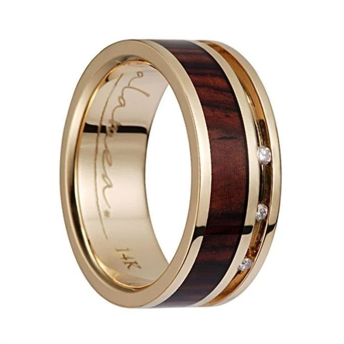 luxurious diamond engagement rings for women-14K Yellow Gold Flat Wedding Band With Cocobolo Wood Inlay & 3 Diamond Setting - 8mm