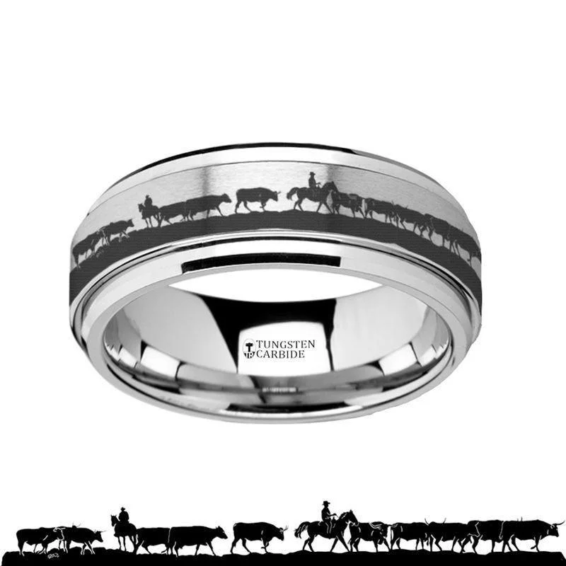 mixed metal engagement rings for women-Spinning Engraved Herding Cattle Tungsten Carbide Spinner Wedding Band - 8mm