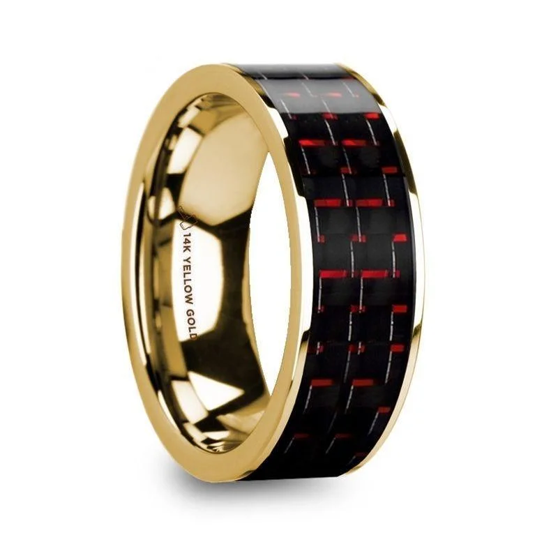 heart-shaped engagement rings for women-COSTA Black & Red Carbon Fiber Inlaid 14k Yellow Gold Wedding Band with Polished Finish - 8mm