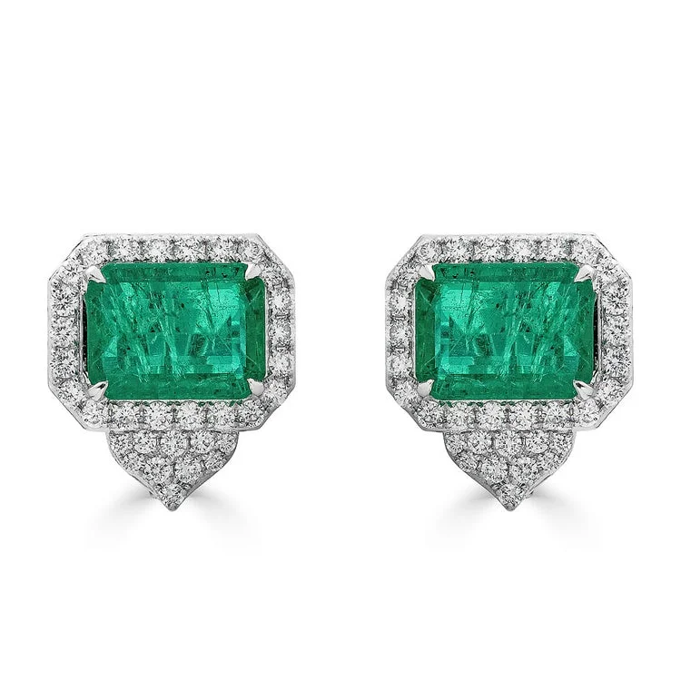 luxurious earrings for women-18k White Gold Emerald & Diamond Earrings