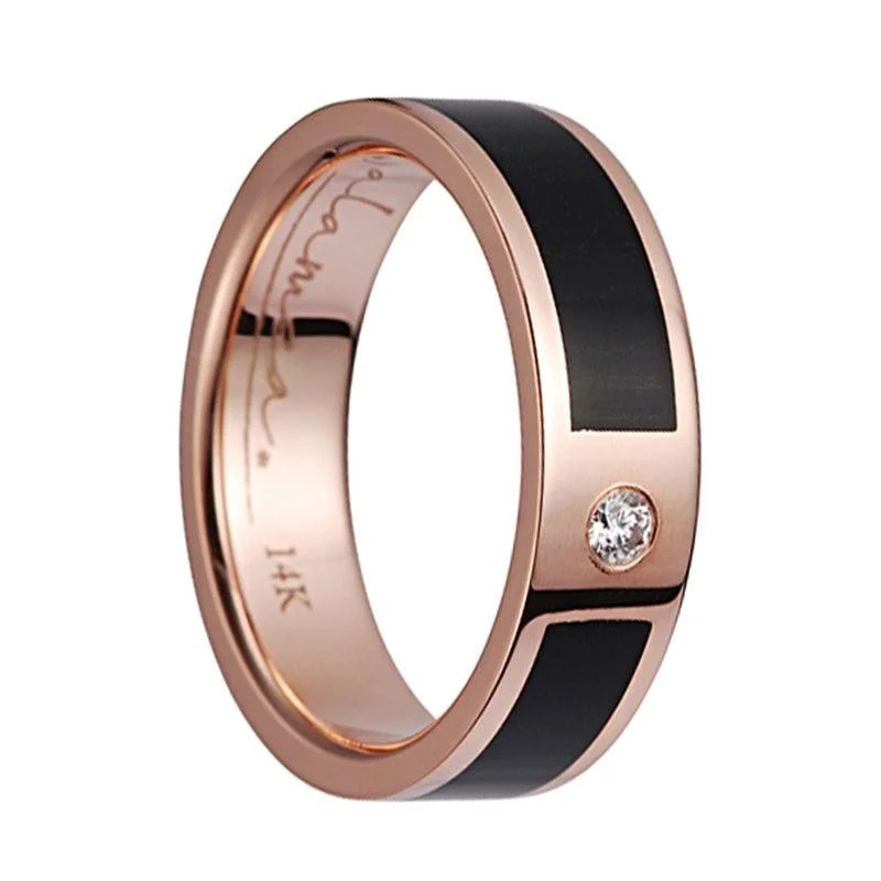 custom rose gold engagement rings for women-14K Rose Gold Flat Wedding Band Ebony Wood Inlay & 1 Diamond Setting - 6mm