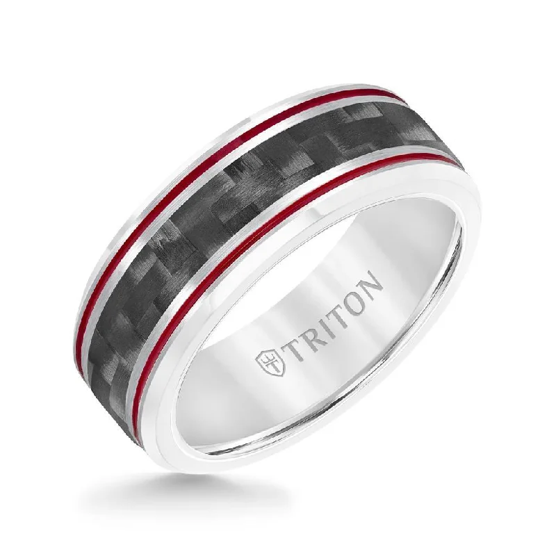 diamond three-stone engagement rings for women-PLATO Beveled Tungsten Wedding Band with Carbon Fiber Inlay & Red Dual Grooves by Triton Rings - 8mm