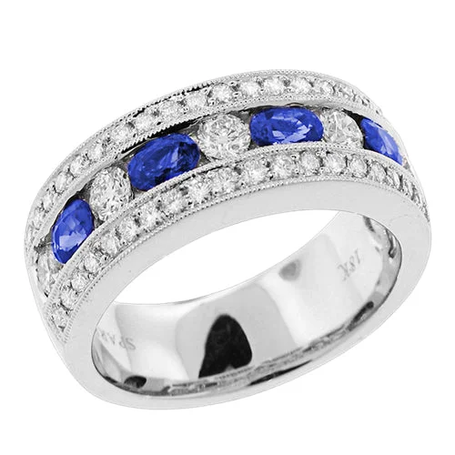 big diamond engagement rings for women-Sapphire & Pave Diamond Channel Set Wedding Band Stackable Ring 18K