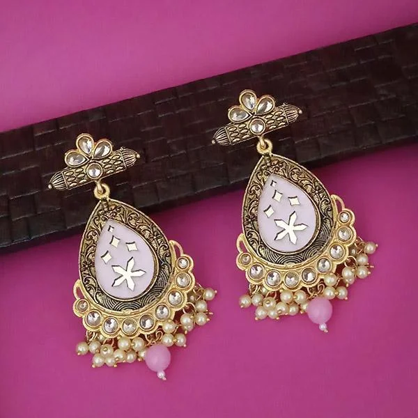 diamond stud earrings for women-Kriaa Pink Meenakari Gold Plated Kundan Dangler Earrings  - 1316337E