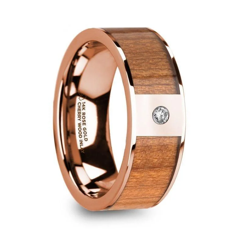 luxurious diamond engagement rings for women-ZENON Men’s Polished 14k Rose Gold Wedding Band with Cherry Wood Inlay & Diamond Center - 8mm