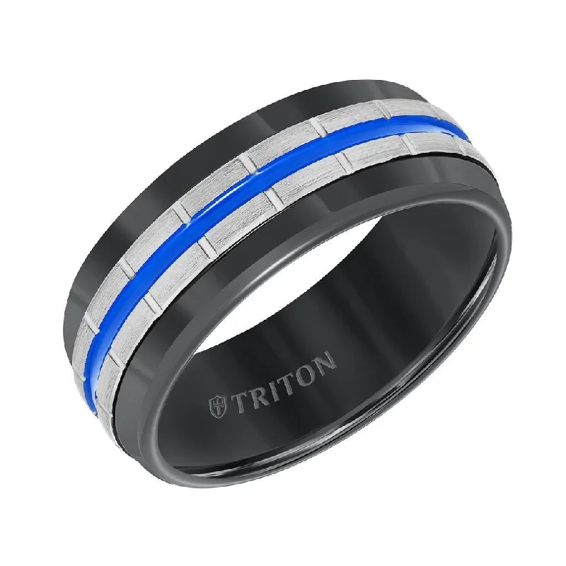 affordable gold engagement rings for women-VIRIDIAN Black Tungsten Vertical Grooved Wedding Band with Electric Blue Stripe Center by Triton Rings - 8.5mm