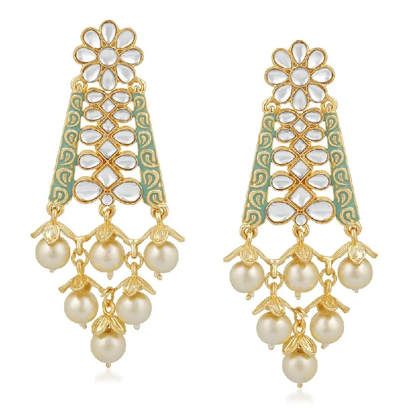 infinity hoop earrings for women-Mahi Ethnic Gold Plated White Kundan Floral Triangular Green Meenakari Work Dangler Earring For Women VECJ100205