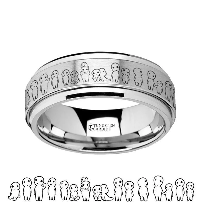 big diamond engagement rings for women-Spinning Engraved Princess Mononoke Kodama Sprites Tungsten Carbide Spinner Wedding Band - 8mm