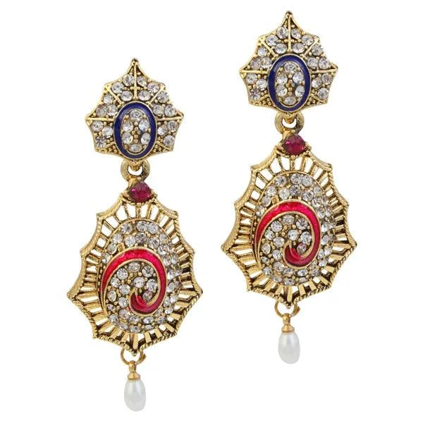 custom design earrings for women-Kriaa Stone Meenakari Pearl Gold Plated Dangler Earrings - 1305202