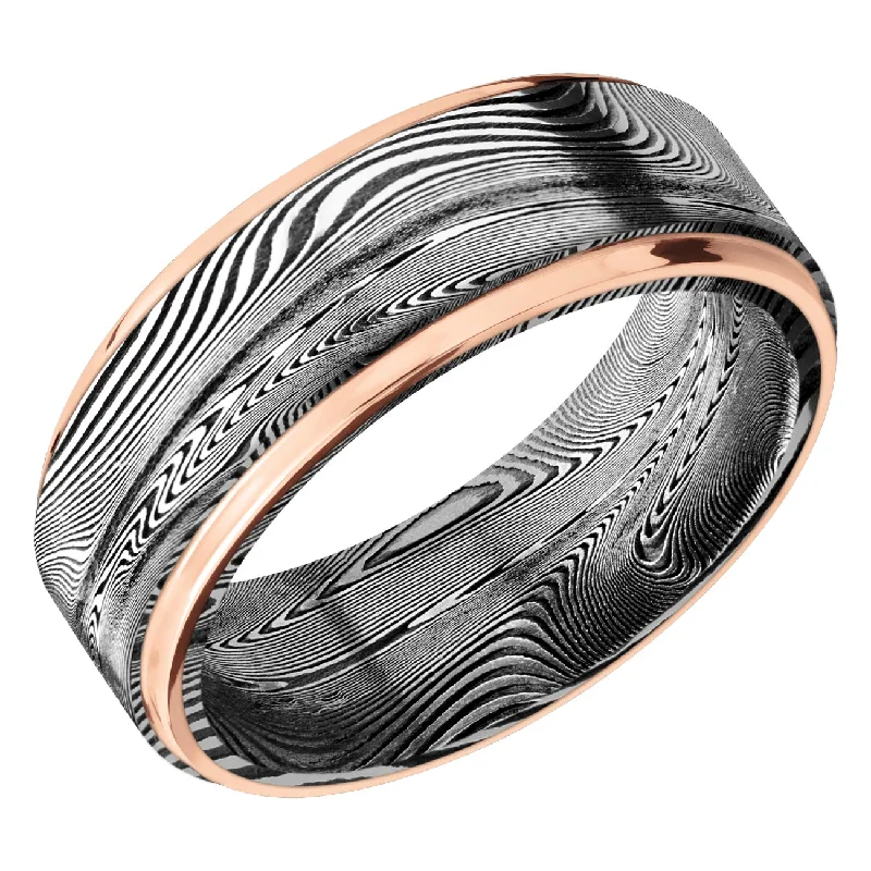 geometric engagement rings for women-Lashbrook 8MM TightWeave Damascus Wedding Band with Rose Gold Edge