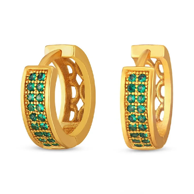 emerald drop earrings for women-Mahi Gold plated Medium Double line Green CZ stone Huggies Hoops Earrings for Women