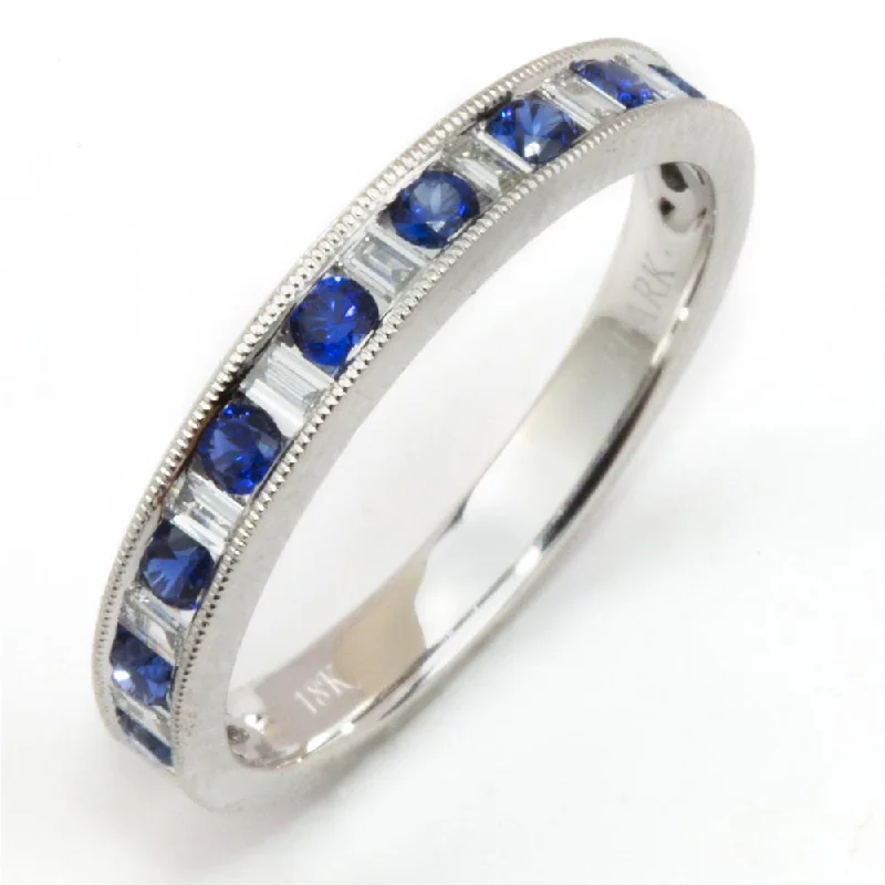 round cut engagement rings for women-Sapphire & Diamond Baguette Channel Set Wedding Band Ring 18K White Gold