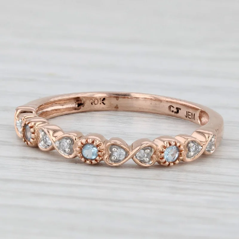 platinum engagement rings for women-New 0.10ctw Blue Topaz Diamond Hearts Stackable Ring 10k Rose Gold Wedding Band