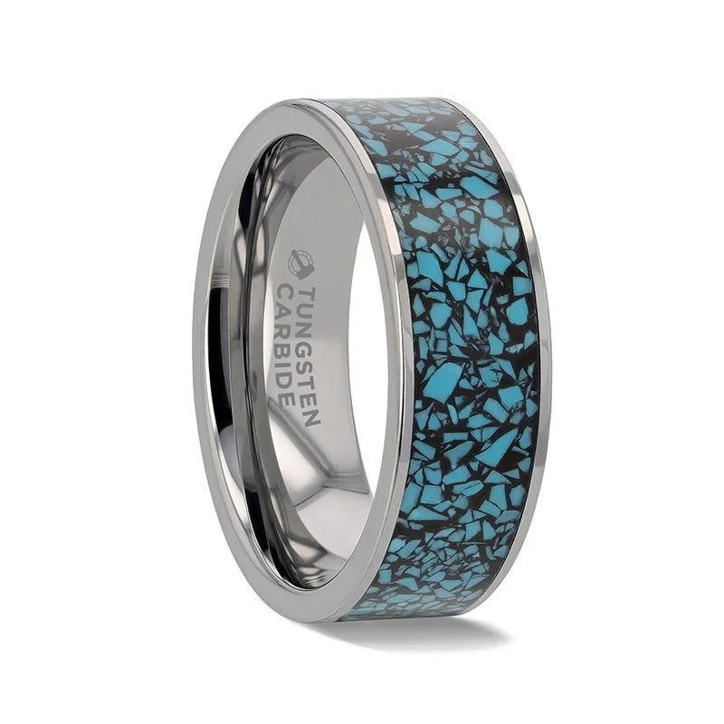 infinity engagement rings for women-TURKUAZ Crushed Turquoise Inlay Tungsten Men's Wedding Band With Flat Polished Edges - 8mm