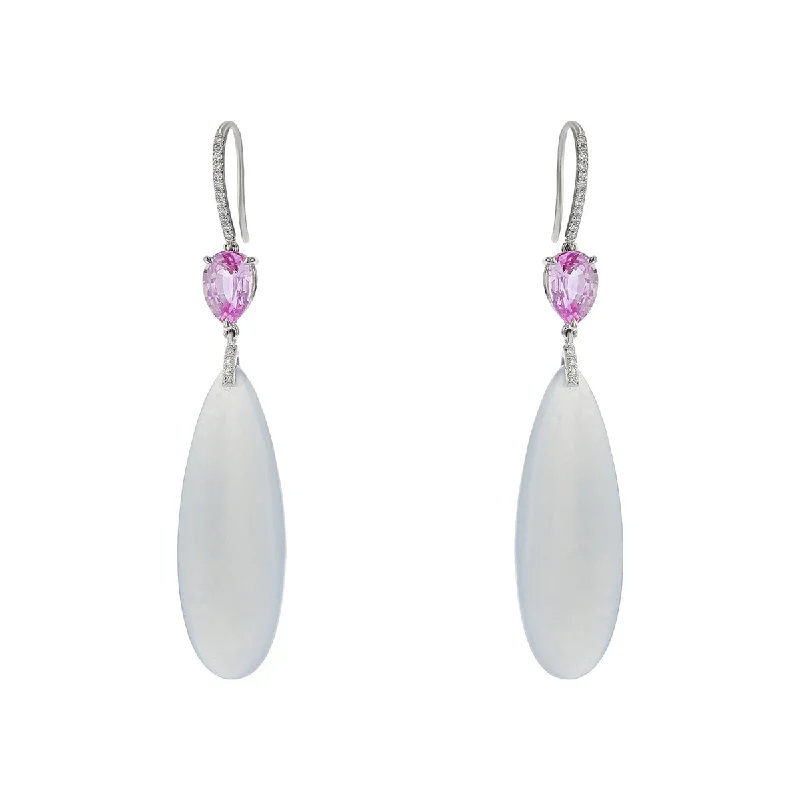 multi-colored earrings for women-White Jade, Pink Sapphire and Diamond Drop Earrings