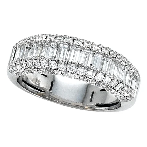 custom wedding rings for women-Round & Baguette Diamond Prong Set 18K White Gold Wedding Band Ring