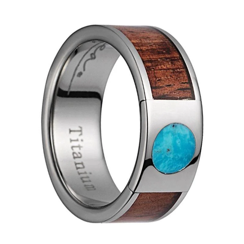 personalized engagement rings for women-Titanium Wedding Band Pink Ivory Wood Turquoise Inlay & Polished Edges - 8mm