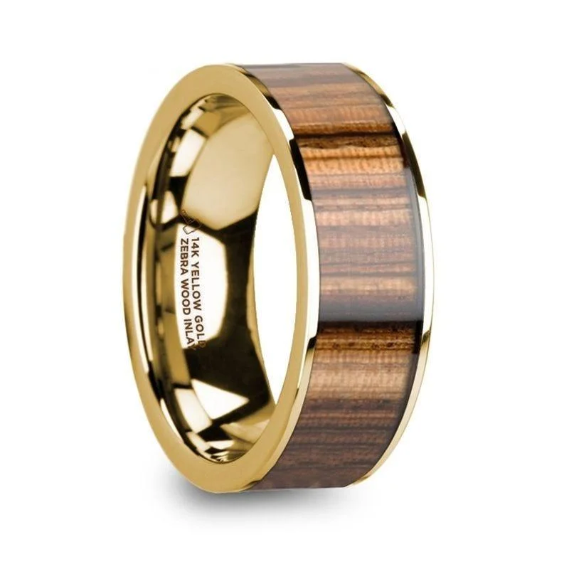 engraved engagement rings for women-AEGIS 14K Yellow Gold Polished Wedding Band with Zebra Wood Inlay - 8mm