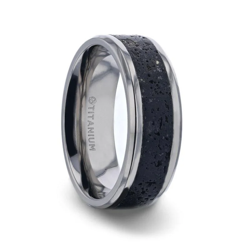 mixed metal engagement rings for women-MAUNA Black And Gray Lava Inlaid Titanium Men's Wedding Band With Polished Beveled Edges - 8mm