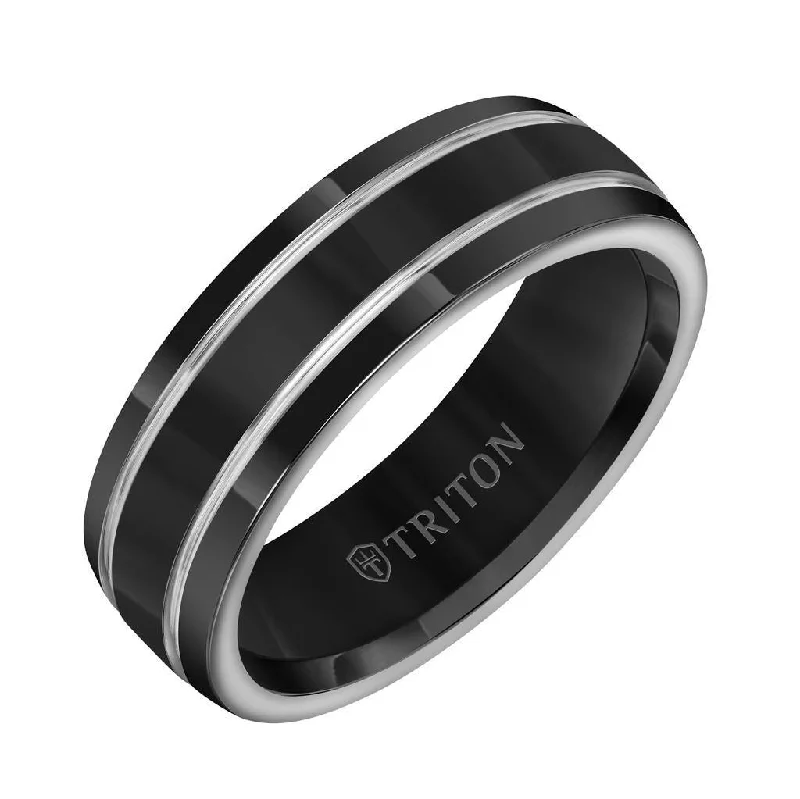 princess cut diamond engagement rings for women-TRENT Domed Polished Black Titanium Comfort Fit Wedding Band with Polished Offset Grooves by Triton Rings - 7mm