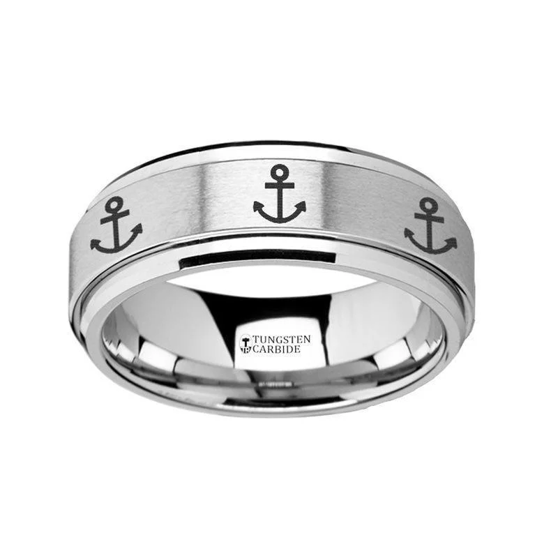 round cut engagement rings for women-Spinning Engraved Anchor Tungsten Carbide Spinner Wedding Band - 8mm