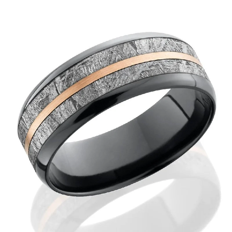 halo engagement rings for women-Lashbrook 8mm Black Zirconium Men's Flat Wedding Band Ring with Meteorite & Rose Gold