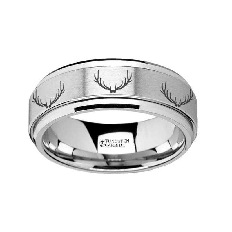 unique wedding engagement rings for women-Spinning Engraved Deer Antlers Tungsten Carbide Spinner Wedding Band - 8mm