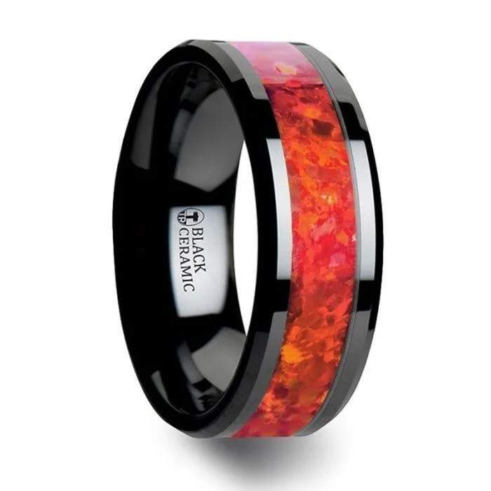 affordable engagement rings for women-NOVA Black Ceramic Wedding Band with Beveled Edges and Red Opal Inlay - 4mm - 8mm