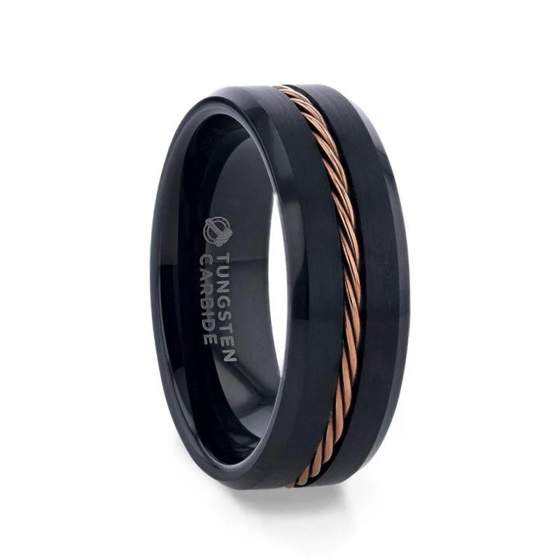 elegant engagement rings for women-ADELARD Rose Gold Braided Brushed Center Black Tungsten Men's Wedding Band With Polished Beveled Edges - 8mm