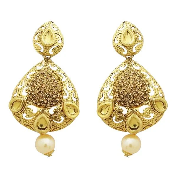 big hoop earrings for women-Jheel Brown Stone Gold Plated Pearl Drop Dangler Earrings - 2900229A