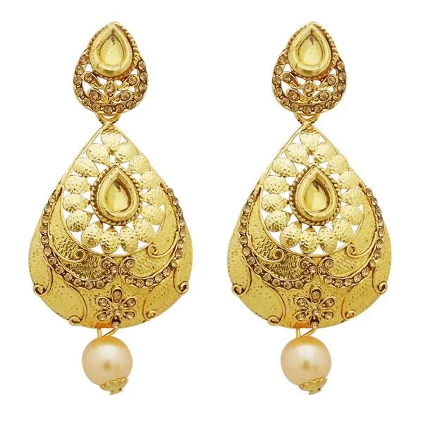 diamond earrings for women-Jheel Austrian Stone Gold Plated Pearl Drop Dangler Earrings - 2900245A