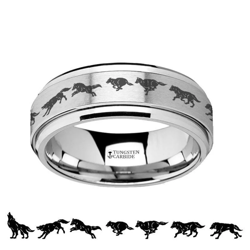 wedding set engagement rings for women-Spinning Engraved Running Wolf Tungsten Carbide Spinner Wedding Band - 8mm