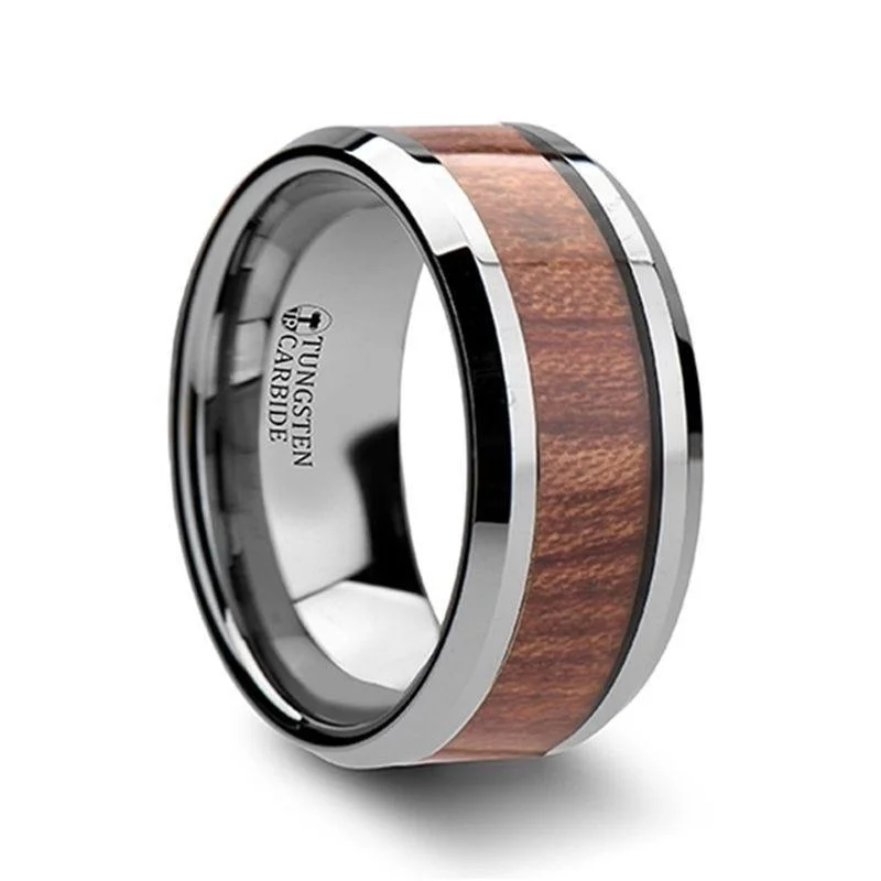 platinum band engagement rings for women-KODIAK Tungsten Carbide Wedding Band with Bevels and Rosewood Inlay - 10mm