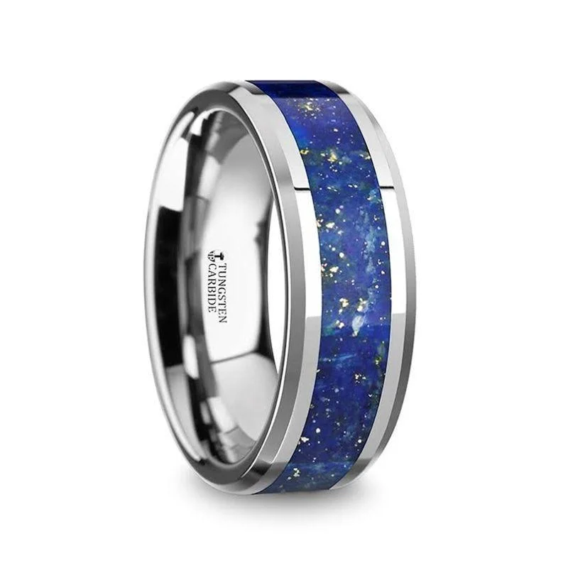 sapphire halo engagement rings for women-OSIAS Men’s Polished Tungsten Wedding Band with Blue Lapis Inlay & Beveled Edges - 8mm