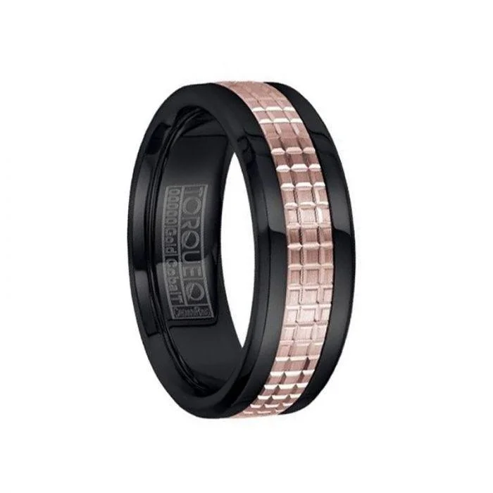 luxury wedding engagement rings for women-Polished Black Cobalt Men’s Wedding Band with Grooved 14k Rose Gold Inlay - 7.5mm