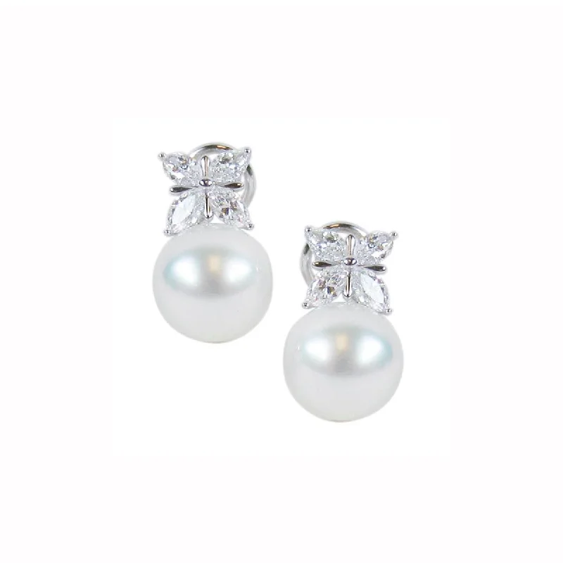 luxury diamond earrings for women-White South Sea Cultured Pearl and Diamond Earrings