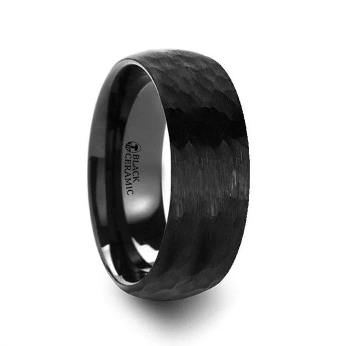 princess cut engagement rings for women-RAGNAROK Domed Hammer Finish Black Ceramic Wedding Band with Brushed Finish - 6mm & 8mm