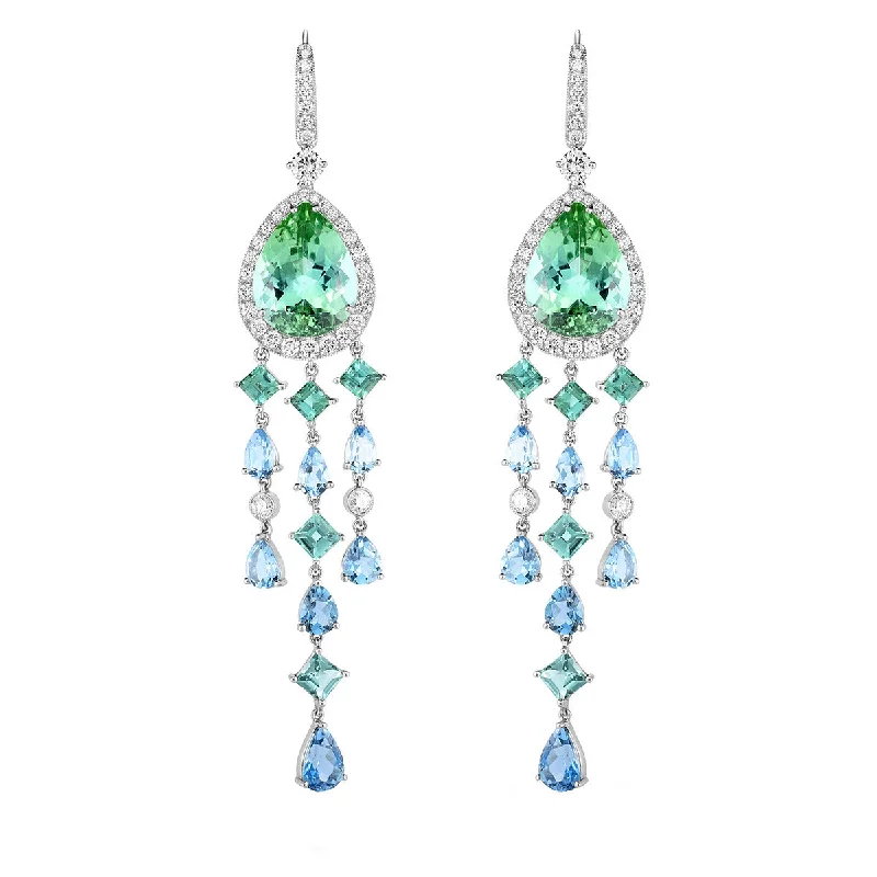 silver earrings for women-Tourmaline, Aquamarine and Diamond Drop Earrings