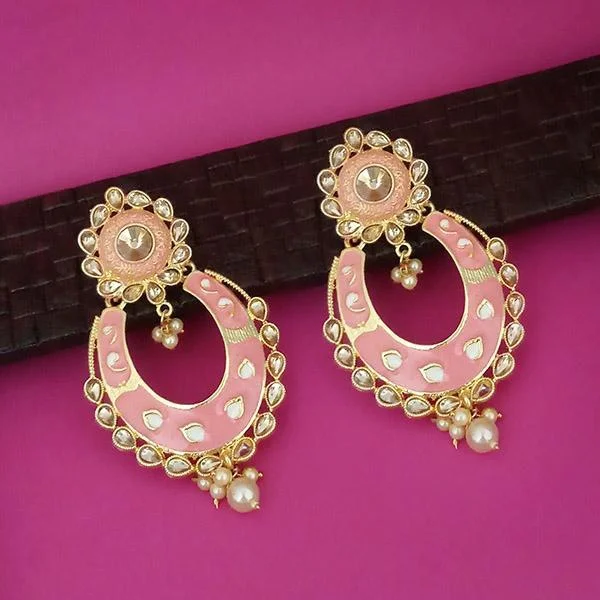 chunky earrings for women-Kriaa Pink Meenakari Kundan Gold Plated Dangler Earrings - 1316327H