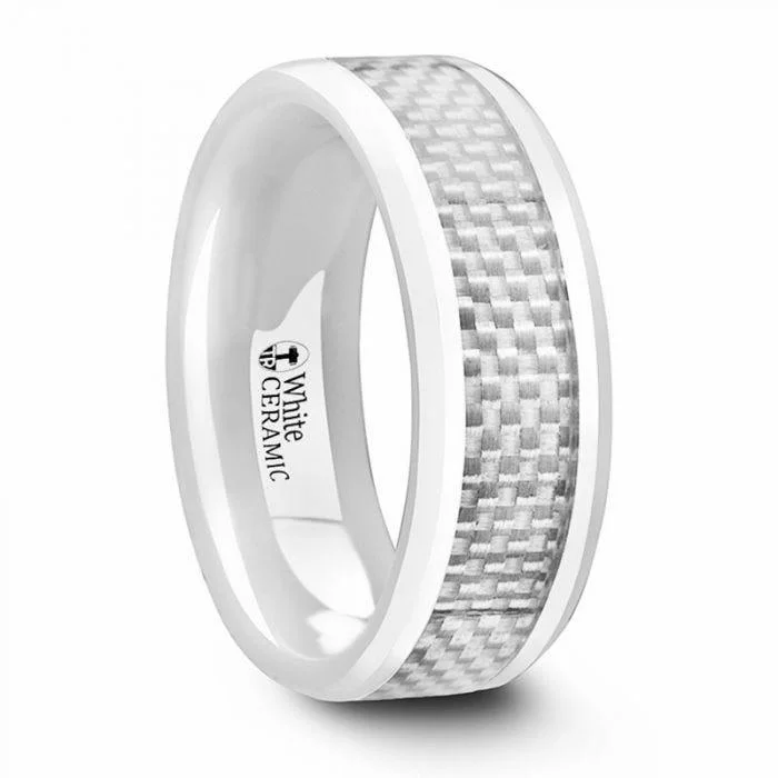 geometric engagement rings for women-KENYON Beveled Polished White Ceramic Wedding Band with White Carbon Fiber Inlay – 8mm