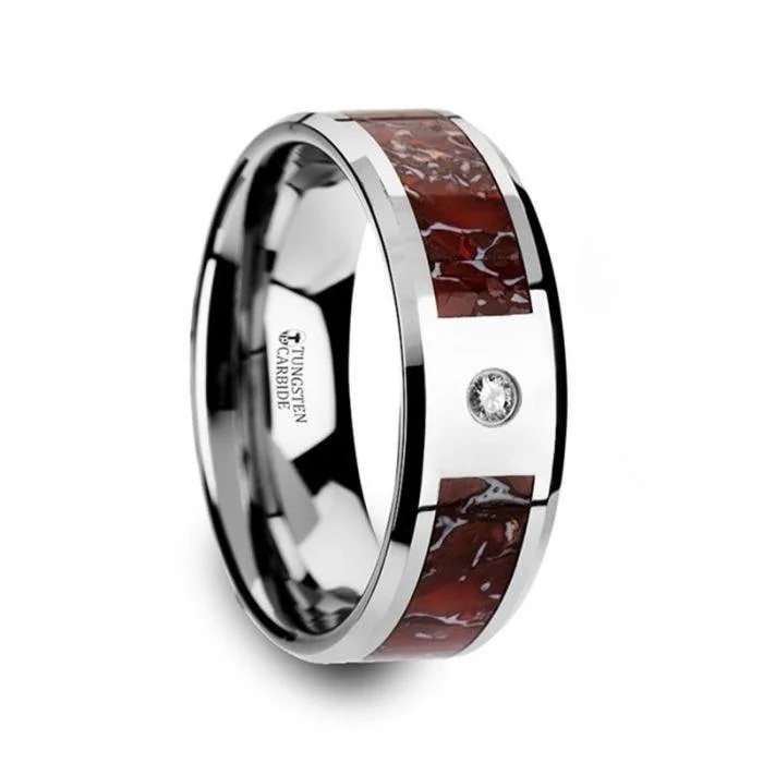 antique engagement rings for women-Red Dinosaur Bone Inlaid Tungsten Carbide Diamond Wedding Band with Beveled Edges - 8mm